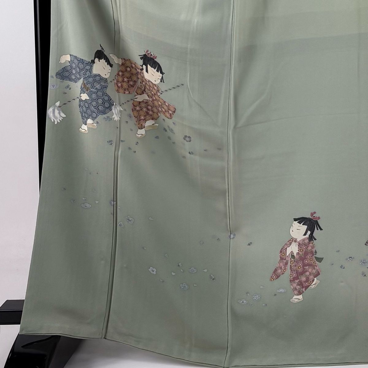 訪問着 身丈167cm 裄丈63.5cm S 袷 関口遼一 落款 童 花柄 ぼかし 灰緑 正絹 秀品