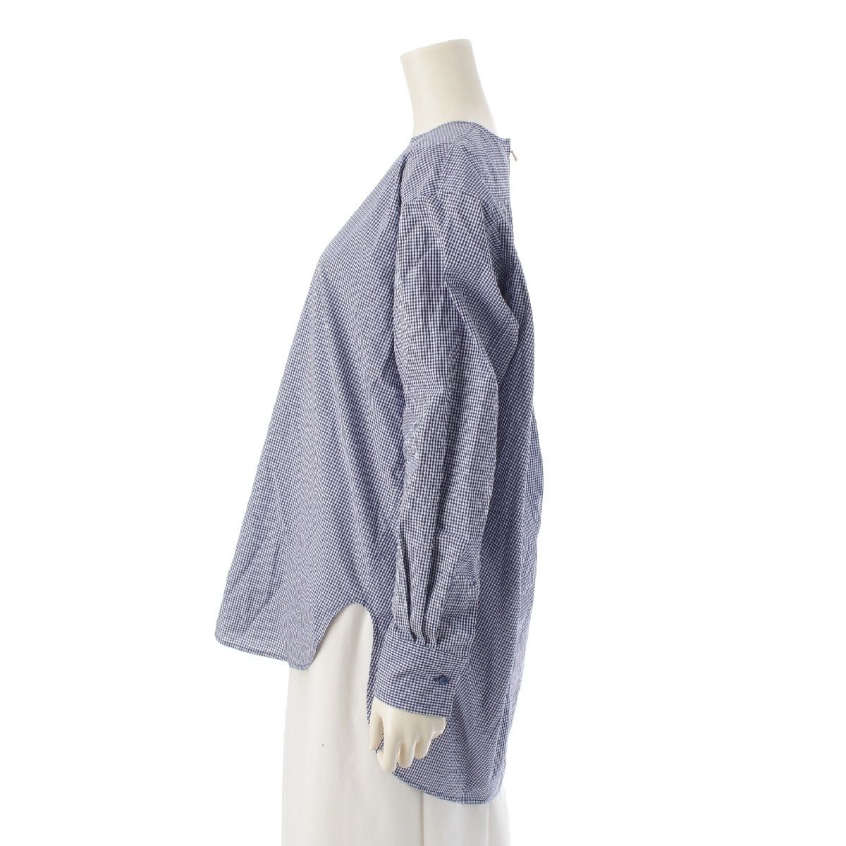 ブラミンク 24AW コットン ギンガムチェッククルーネック ブラウス 7921-230-0279 ホワイト ブルー 36【中古】 BLAMINK - ブラミンク 24AW コットン ギンガムチェッククルー