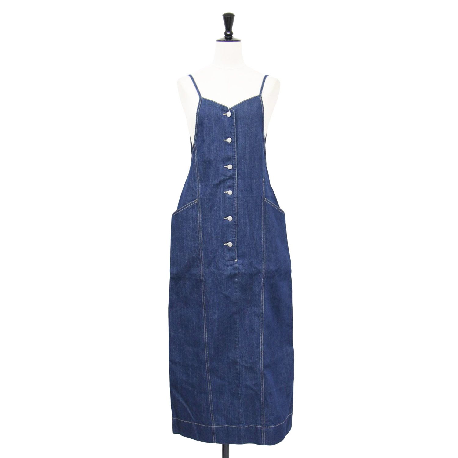Adam et Rope アダムエロペ ワンピース ブルー系 サイズ S 25春夏 デニム キャミ ワンピース エプロン ドレス ロング ストラップ バックシャン ブリーチ加工 トップス レディース