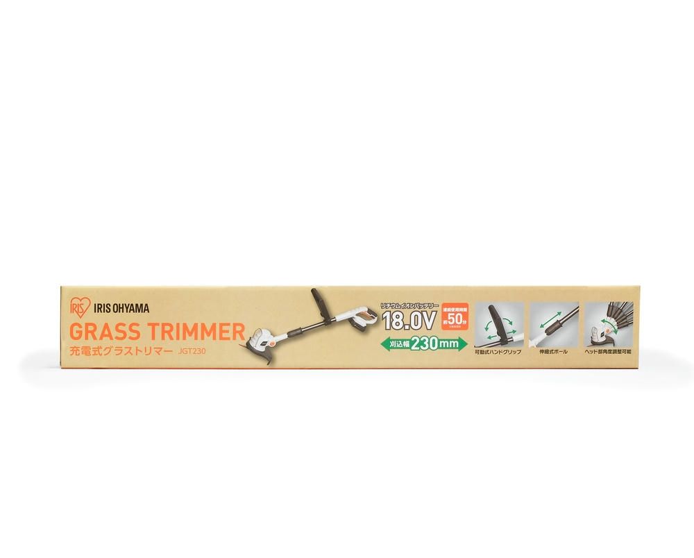 アイリスオーヤマ 草刈機 グラストリマー 18V 充電式 長さ約107×幅約23×高さ約36cm バッテリー付き コードレス ナイロン刃 軽量 2kg 50分連続使用可 ホワイト IRIS OHYAMA JGT230