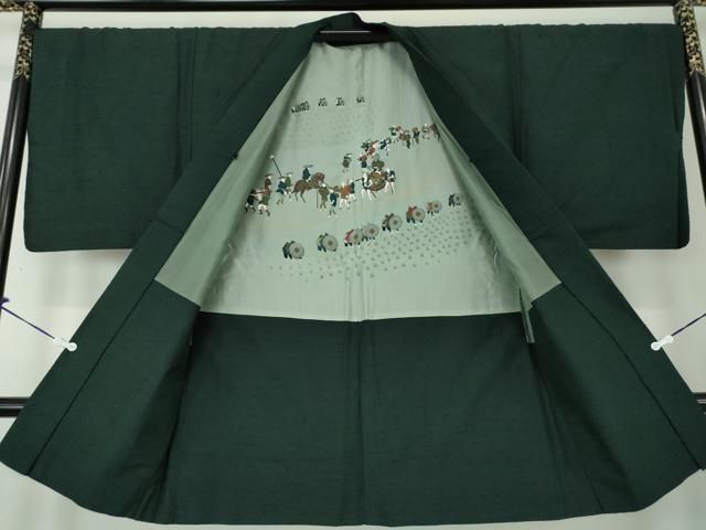 平和屋着物○男性 紬 アンサンブル 長羽織 色無地 深緑色 正絹 逸品