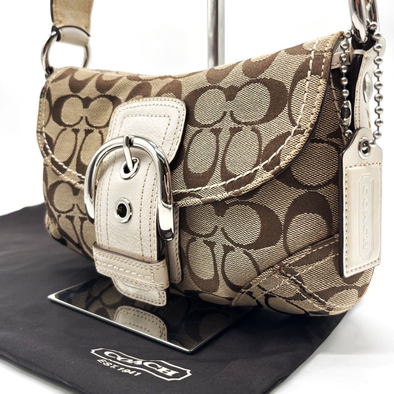 COACH Y2K soho belt signature canvas leather beige white shoulder bag unisex コーチ ハンドバッグ ショルダーバッグ