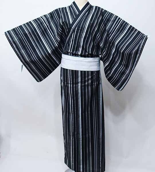浴衣 6点セット 男性用 黒地 縞柄 柄物 Lサイズ 綿100％ 角帯 下駄 信玄袋 腰紐2本 夏祭り 花火大会 NO40917-02