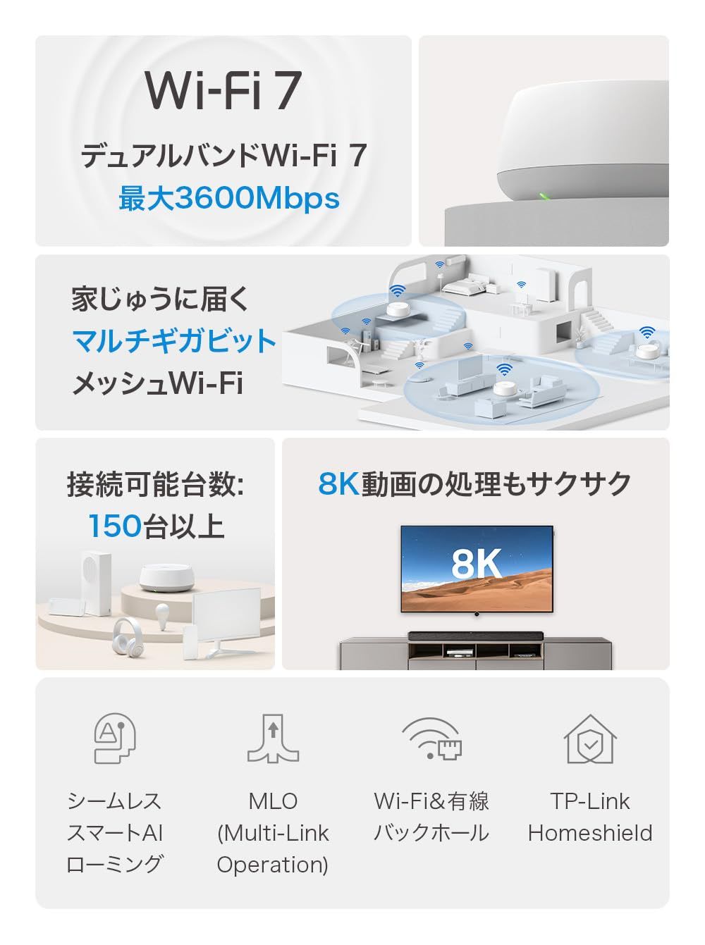 TP-Link WiFi7 ルーター メッシュwi-fi 無線lanルーター メッシュWi-Fiシステム BE3600規格 2882Mbps 5GHz 688Mbps 2.4GHz MLO Deco BE22 1-pack