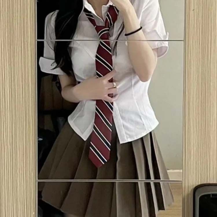 韓国 セットアップ 制服風 トップス つけ襟 プリーツスカート 韓国 制服 可愛い セットアップ シャツ＋スカート＋ネクタイ