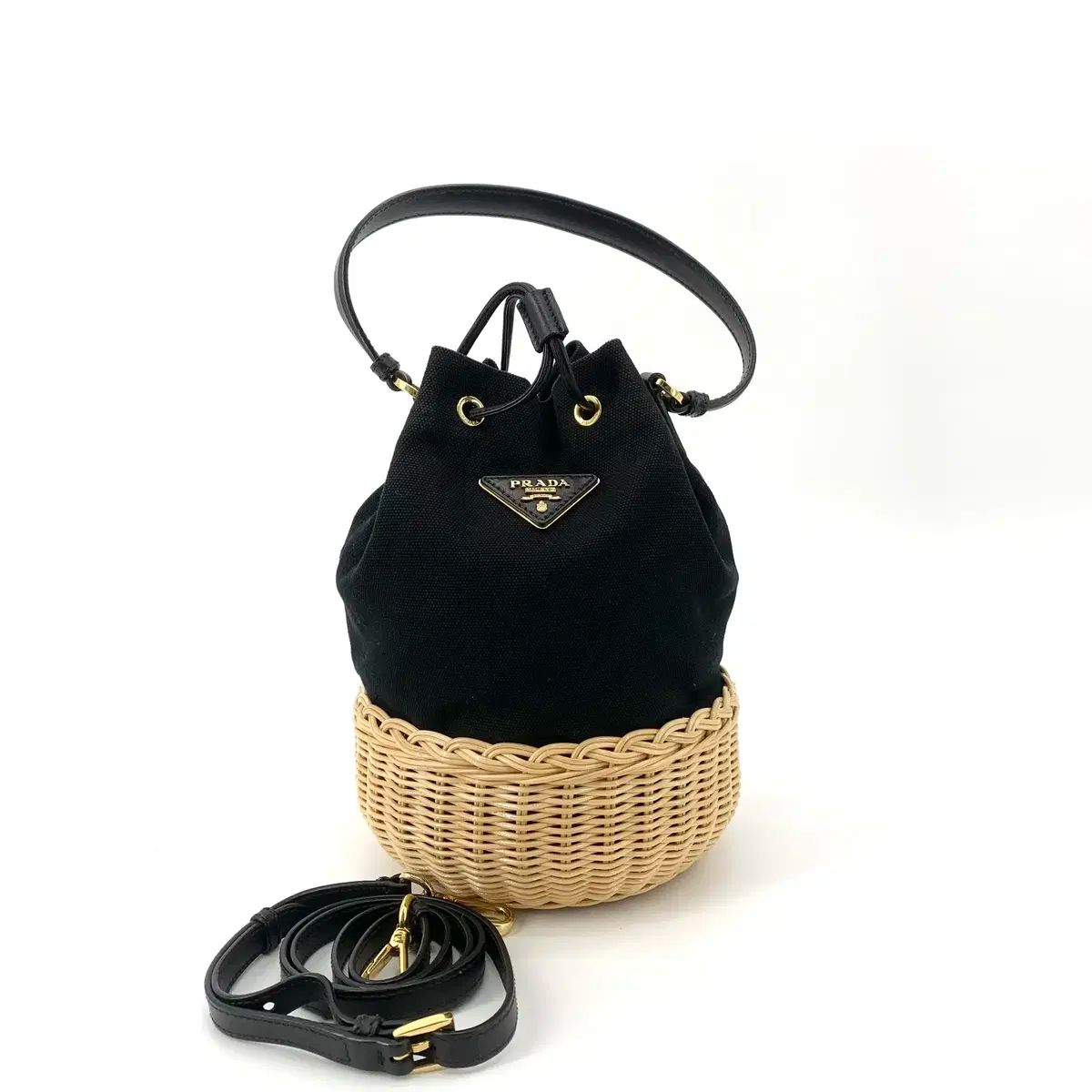 PRADA プラダ プラージュ ウィッカー キャンバス バケットバッグ 1BE040 ブラック
