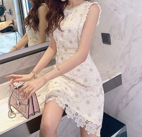 ワンピース ひざ丈 ホワイト レース 総レース 花柄 デザイン ノースリーブ 夏 レディース 可愛い ワンピース 韓国 ミニスカート 0597