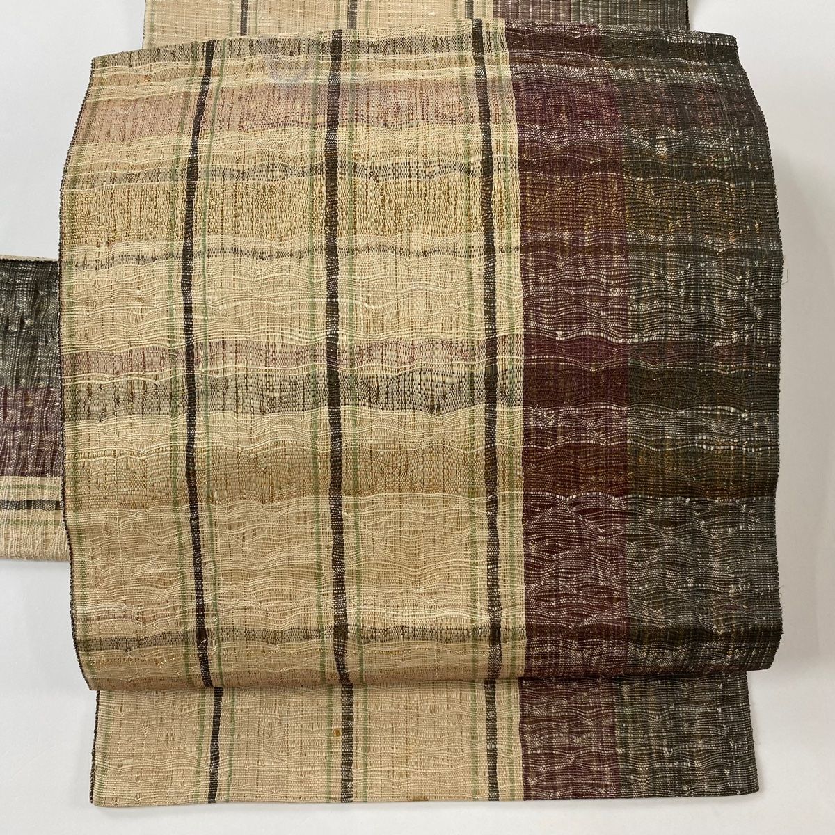 付け帯 秀品 作り帯 縞 幾何学模様 ベージュ 正絹