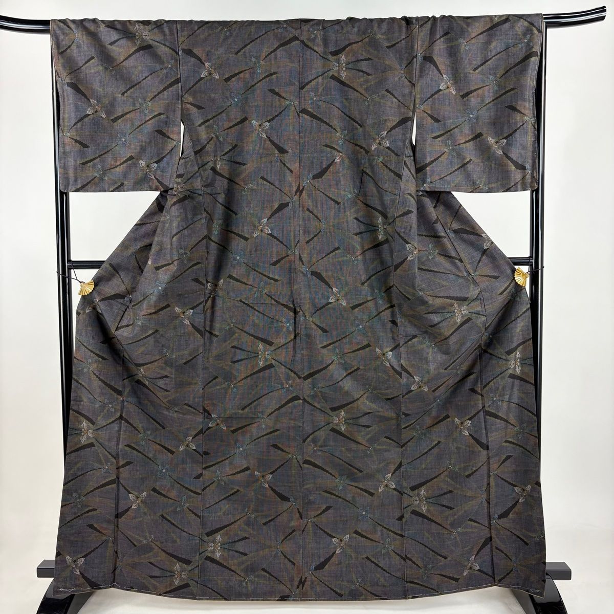 大島紬 身丈166cm 裄丈68cm L 袷 純泥染 証紙 幾何学 草花 焦茶色 正絹 名品