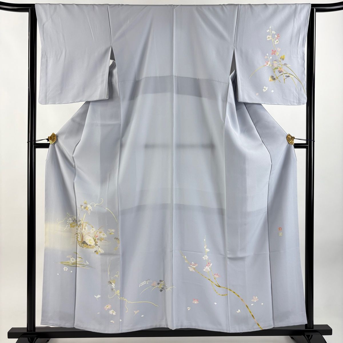 付下げ 身丈158cm 裄丈64.5cm M 袷 松本健一 落款 花籠 葡萄 ぼかし 水色 正絹