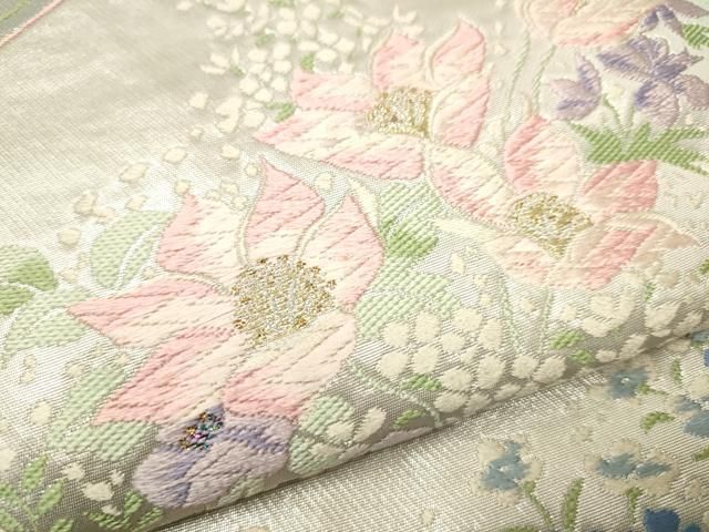 袋帯 金彩の上品な花唐草 正絹 着物 着付け 和装 HO-1083 和】16325o 袋帯 六通柄 ヱ霞 唐草花 亀甲 七宝 金駒刺繍 正絹
