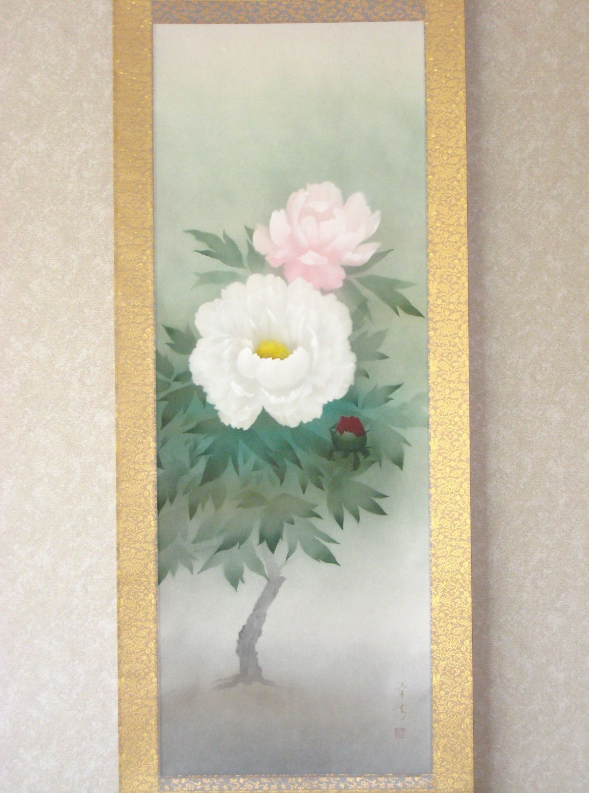 真筆 掛け軸 掛軸 富貴花 中川幸彦 太巻 共箱 タトウ