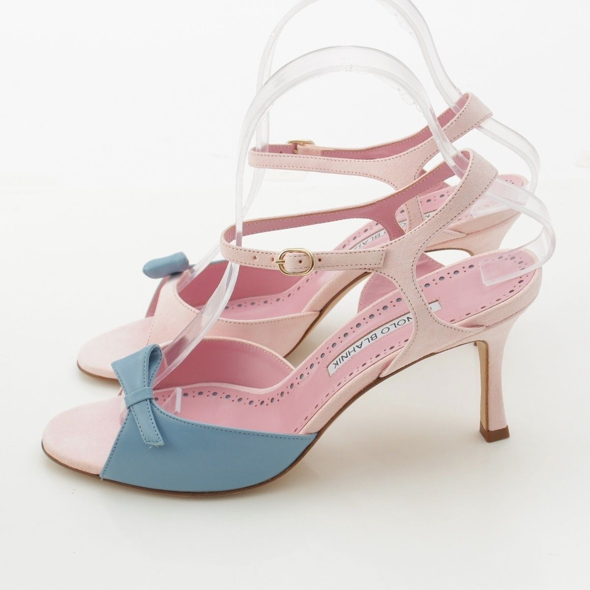 マノロブラニク リボン オープントゥ ヒール サンダル ピンク ブルー 38 KIN-KAAI_COM