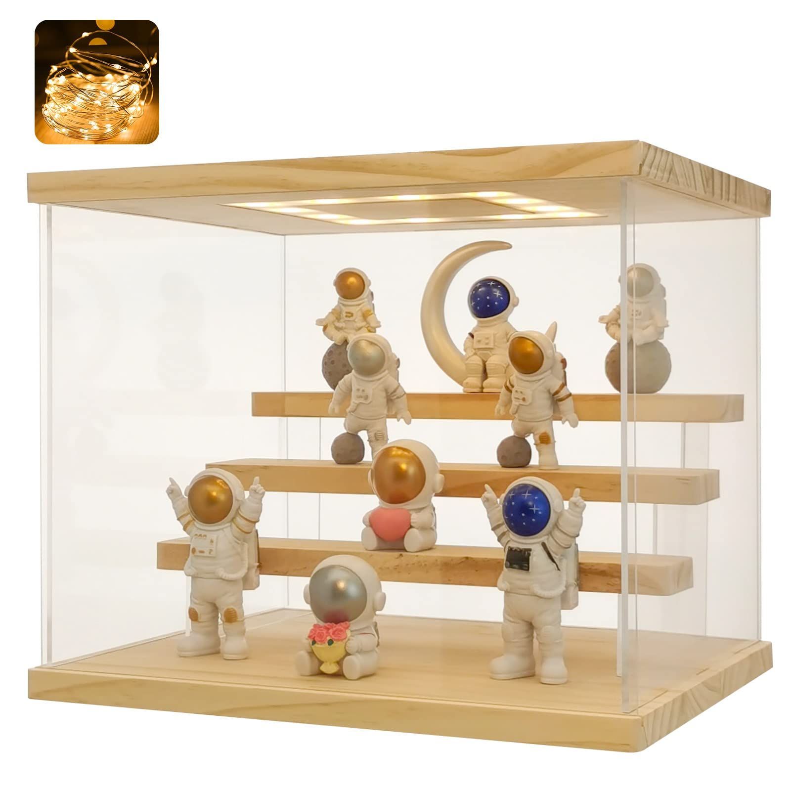 N78882 木色_4階式 31*26*26cm GieniG LEDフィギュアケース アクリル製 ディスプレイケース コレクションケース 組み立て 簡単 防汚れ 手袋 クリーニング クロス付き アクリルケース お手入れ方法 説