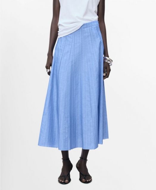 送料無料 マンゴ レディース スカート ボトムス Women s Striped Linen-Blend Skirt Blue