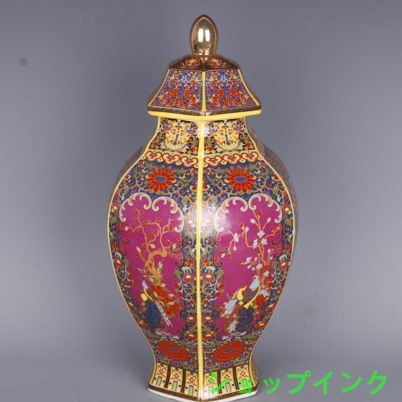 琺瑯彩花鳥六方将軍壺 景徳鎮 陶磁器 装飾品 工芸品 美術品 置物
