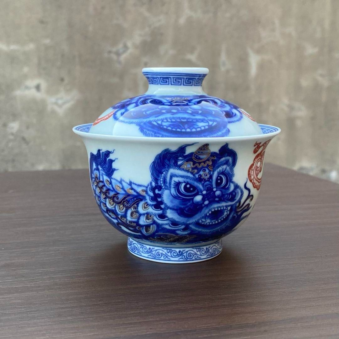 中国茶器 景徳鎮 青花釉里紅竜紋三才蓋碗 茶杯 新品未使用 景徳鎮七丞堂陶磁青花釉里紅双獅滾?球二才蓋碗 茶碗 煎茶器 新品