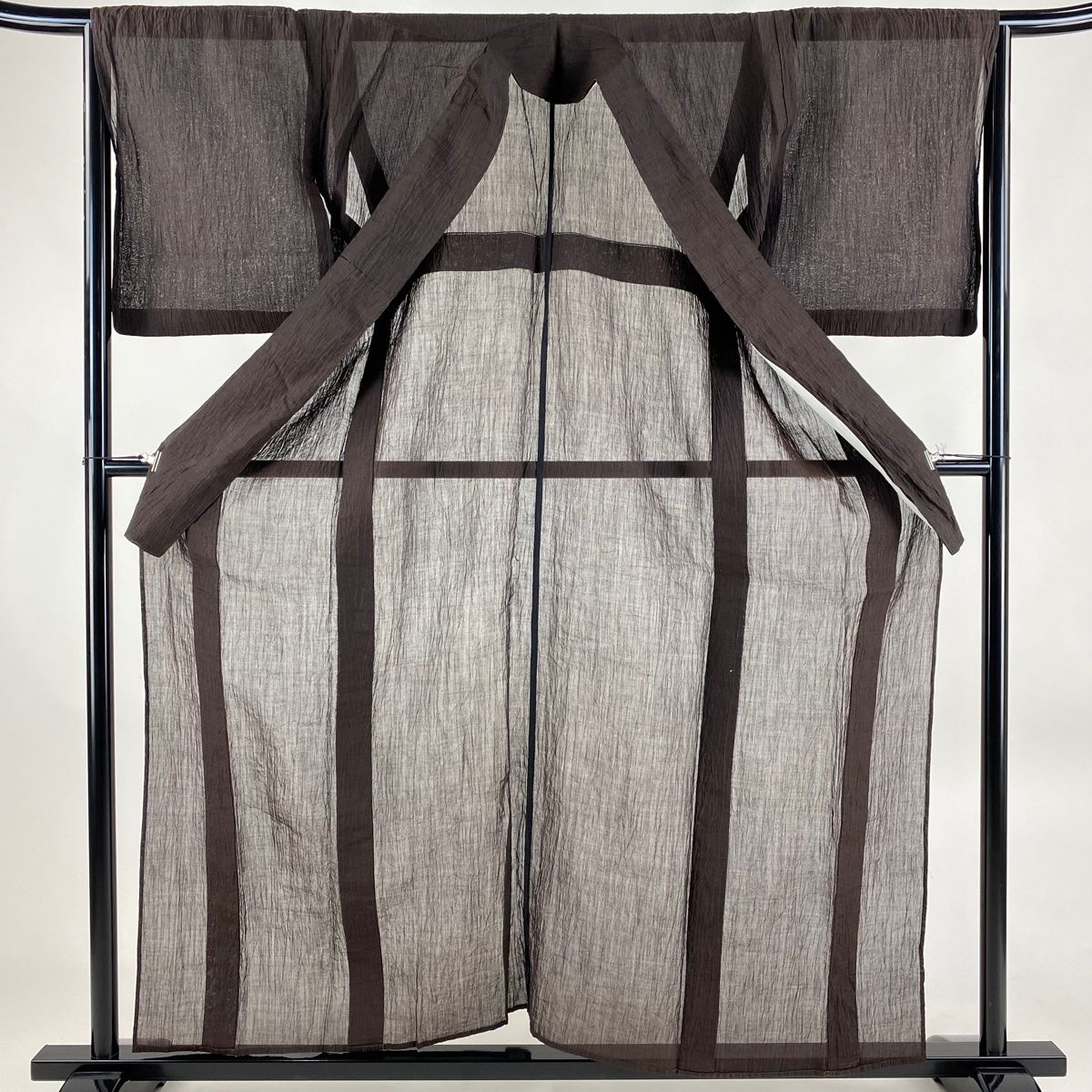 紬 身丈156.5cm 裄丈66cm M 薄物 小千谷ちぢみ 証紙 焦茶色 麻 名品  