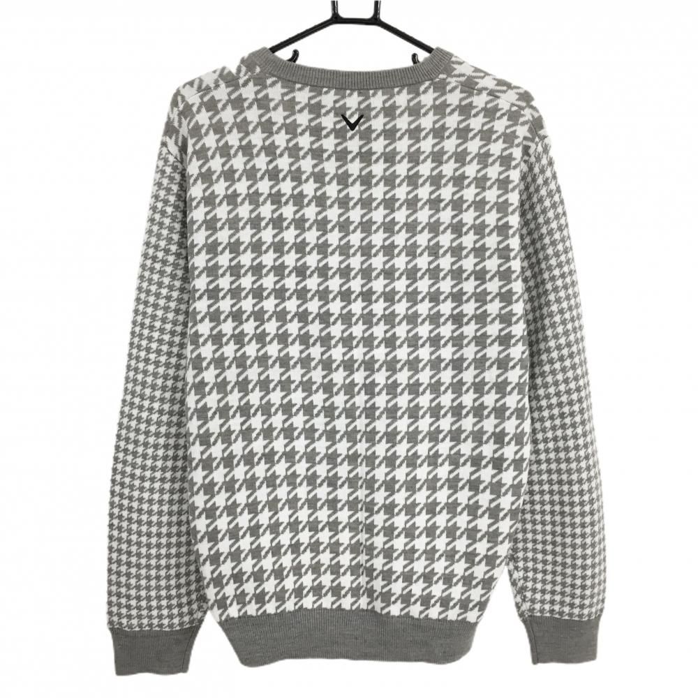 超 キャロウェイ セーター 白×グレー 千鳥格子 ニット ウール混 Vネック 裏地付 メンズ LL ゴルフウェア Callaway