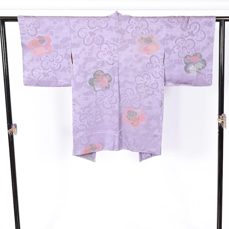 長羽織　新品未使用品　縫い紋マルニ桔梗　薄紫　グリーン　珊瑚色　花　地紋通し　輪奈ビロード　B831 長羽織 新品未使用品 縫い紋マルニ桔梗 薄紫 グリーン 珊瑚色 花 地紋