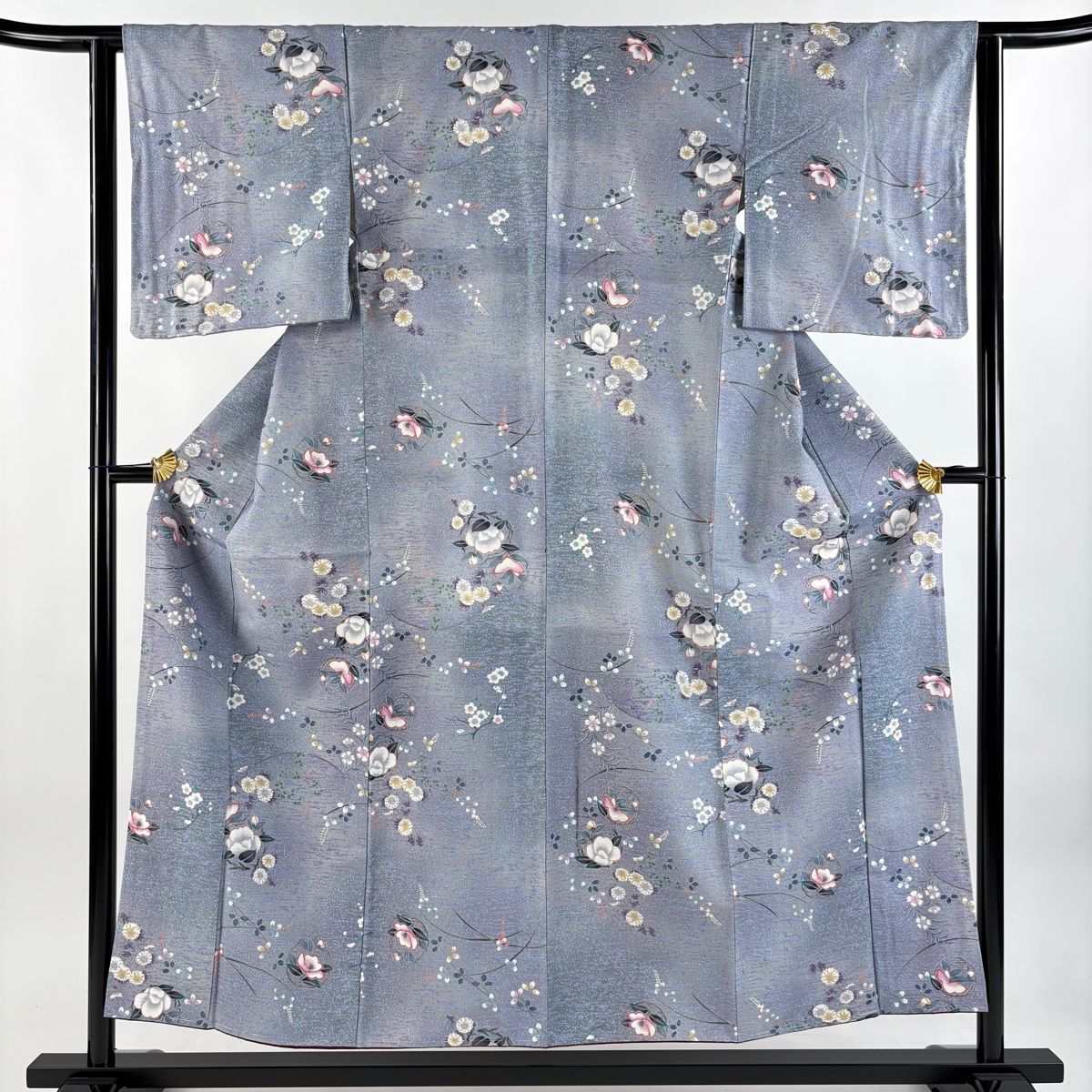 小紋 身丈154.5cm 裄丈62.5cm S 袷 紬地 証紙 草花 灰紫 正絹 秀品