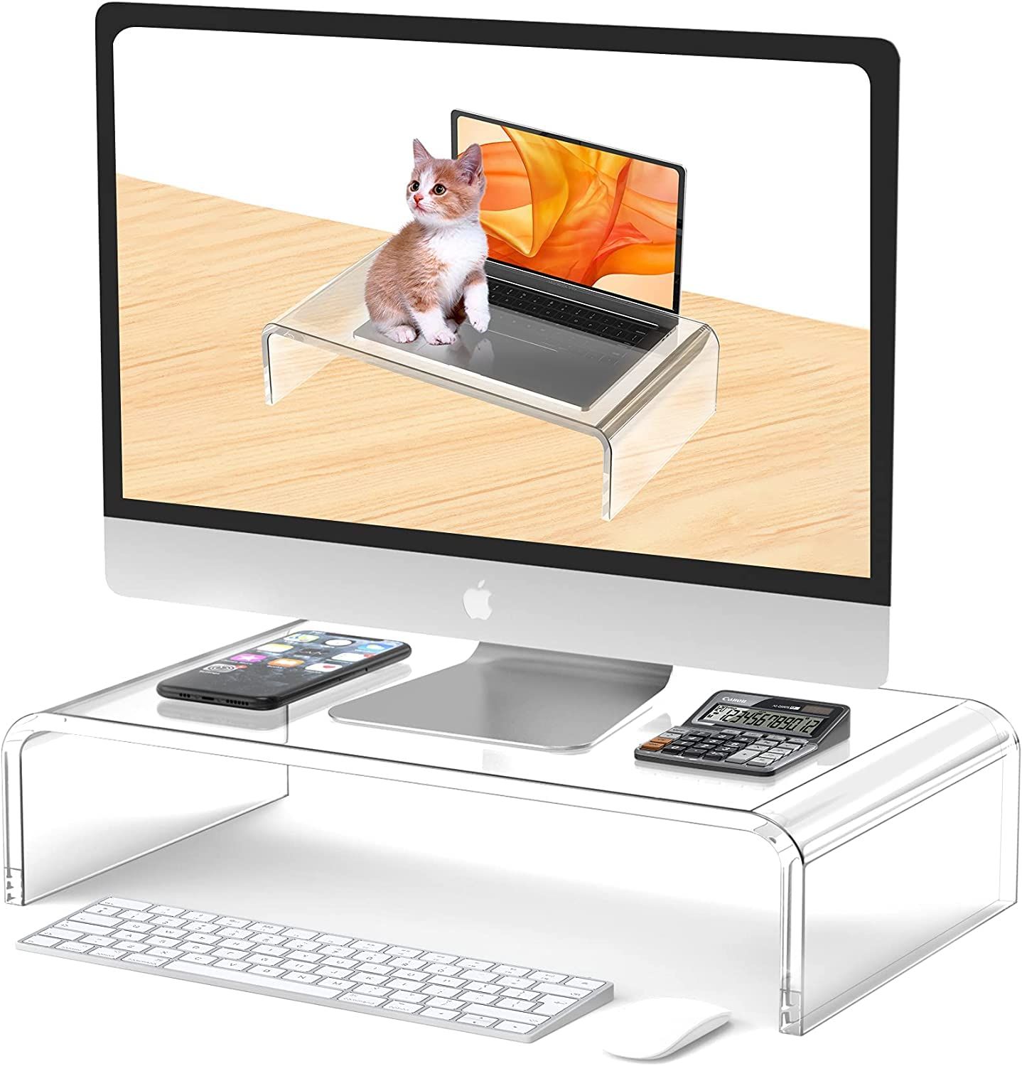 姿勢改善 省スペース 安定性 キーボード収納 机上台 プリンタ台 耐荷重25KG PCスタンド パソコンスタンド BT-123 ディスプレイ台 アクリル モニタースタンド (34x19x10cm) モニター台 hengshao