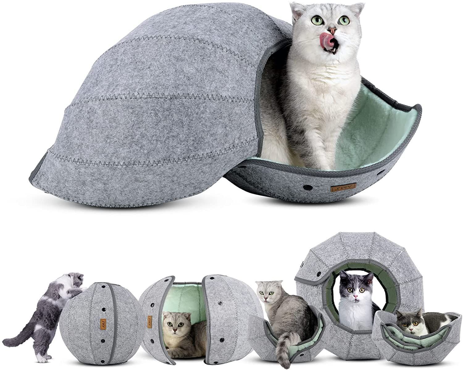 【在庫処分】折りたたみ式 小型犬 ハウス おもちゃベッド 猫 猫 室内 丸形 洗える 6way ドーム 多機能 フエルト製 冬 おしゃれ べッド かわいい（グリーン) AMJ