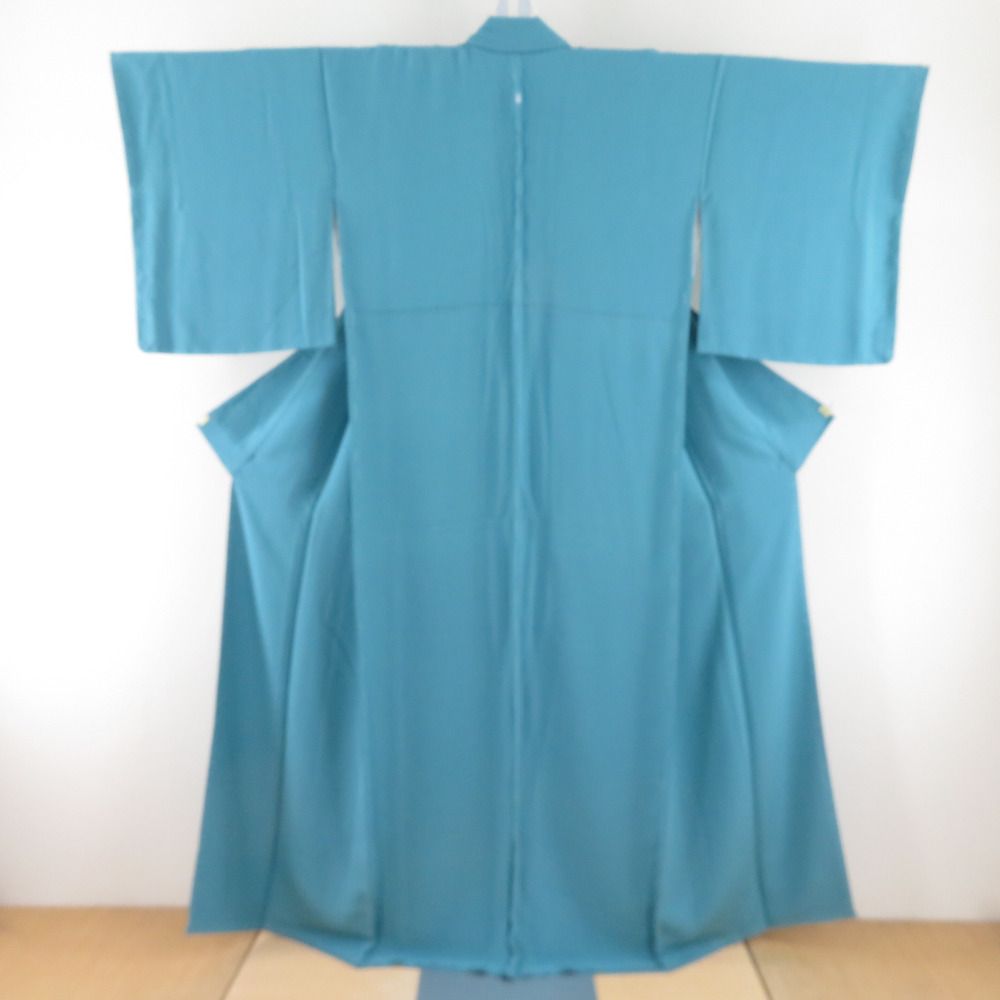 色無地 袷 ターコイズブルー 一つ紋 笹竜胆紋 広衿 正絹 仕立て上がり  