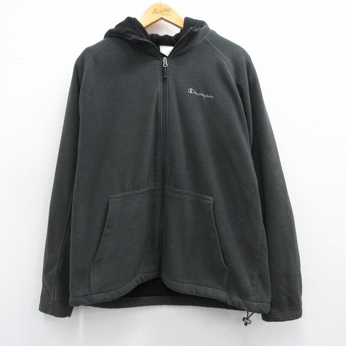 L/古着 チャンピオン champion 長袖 フリース ジャケット パーカー メンズ ワンポイントロゴ ラグラン 濃緑 グリーン 25feb04 中古 アウタ