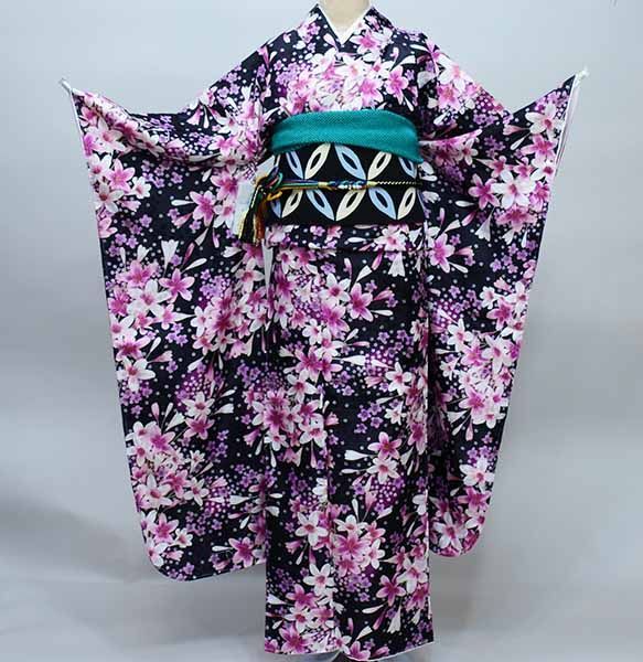 振袖 着物 単品 合繊 仕立て上がり 小紋柄 小ユリ 小花 黒地 NO36075 振袖 着物 単品 合繊 仕立て上がり 小紋柄 小ユリ 小花 黒地 成人式