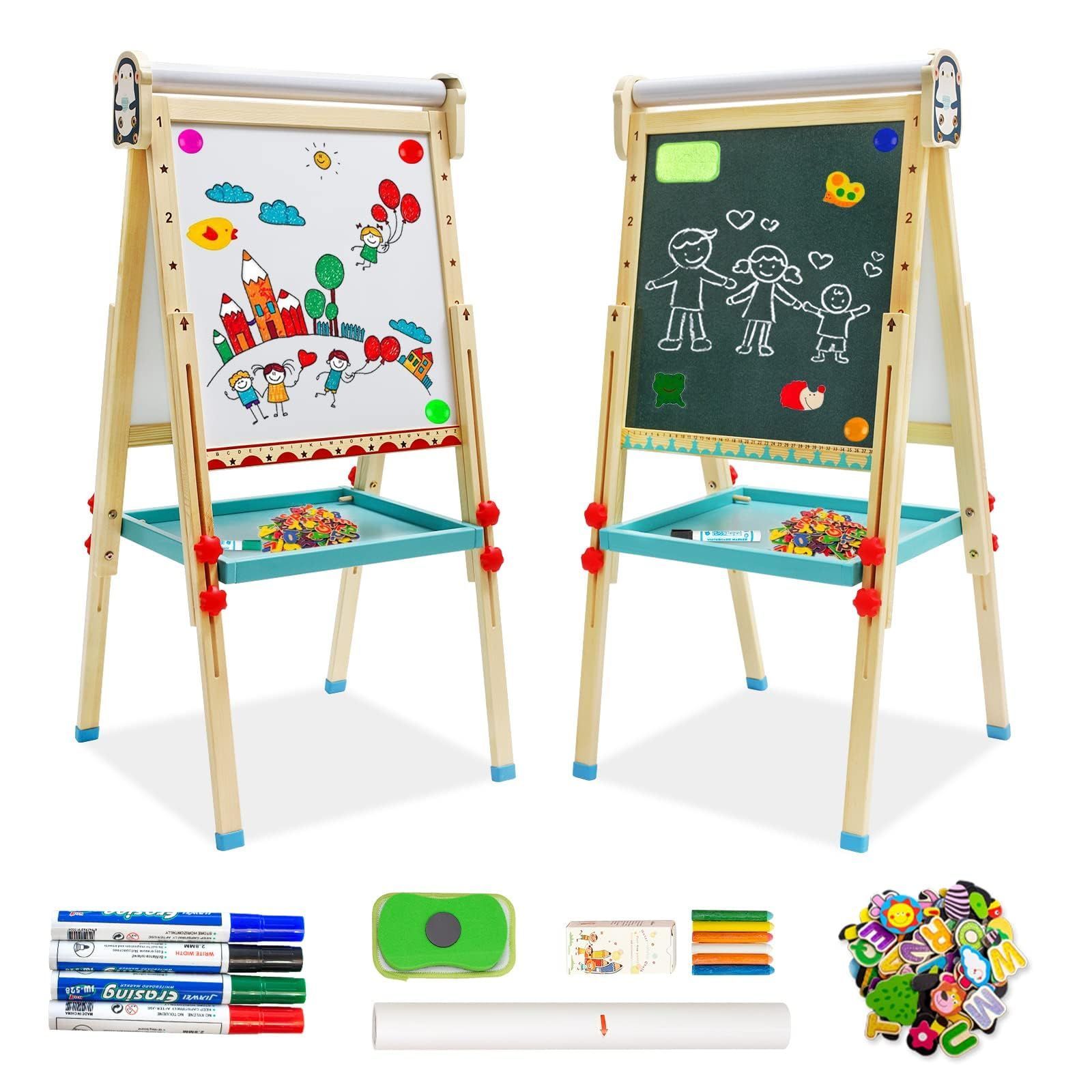 イーゼル 子供黒板 木製 ホワイトボード 両面製図ボード 子供 高さ調整 68～114 cm お絵かきボード 収納トレイ付き子供たちが学ぶのを助ける 落書きお絵描きボード 黒板ボード 製図板 おえかきボード