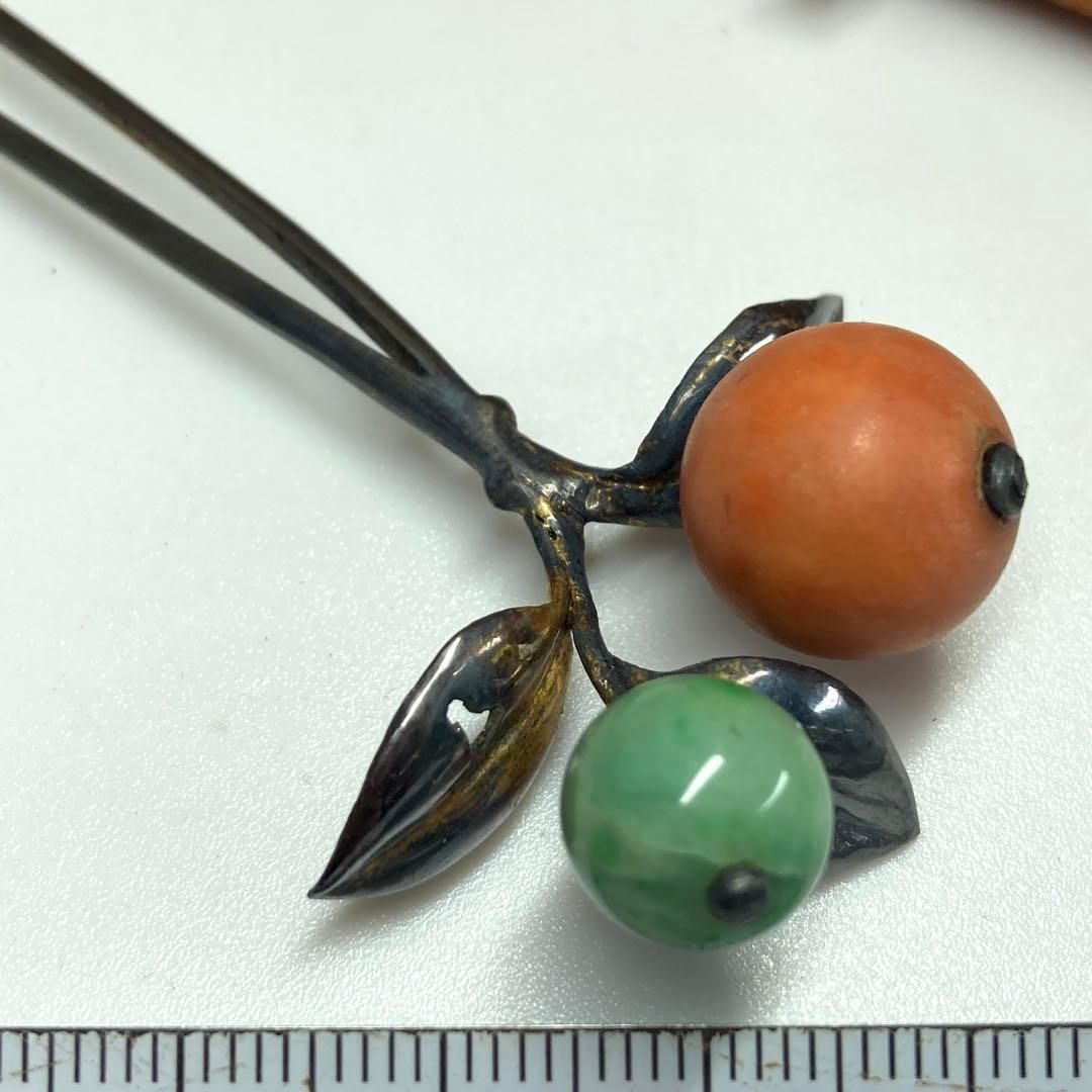 本赤珊瑚と翡翠 純銀簪 ケース付 14g 東Y5-0816 1Fトヒサ