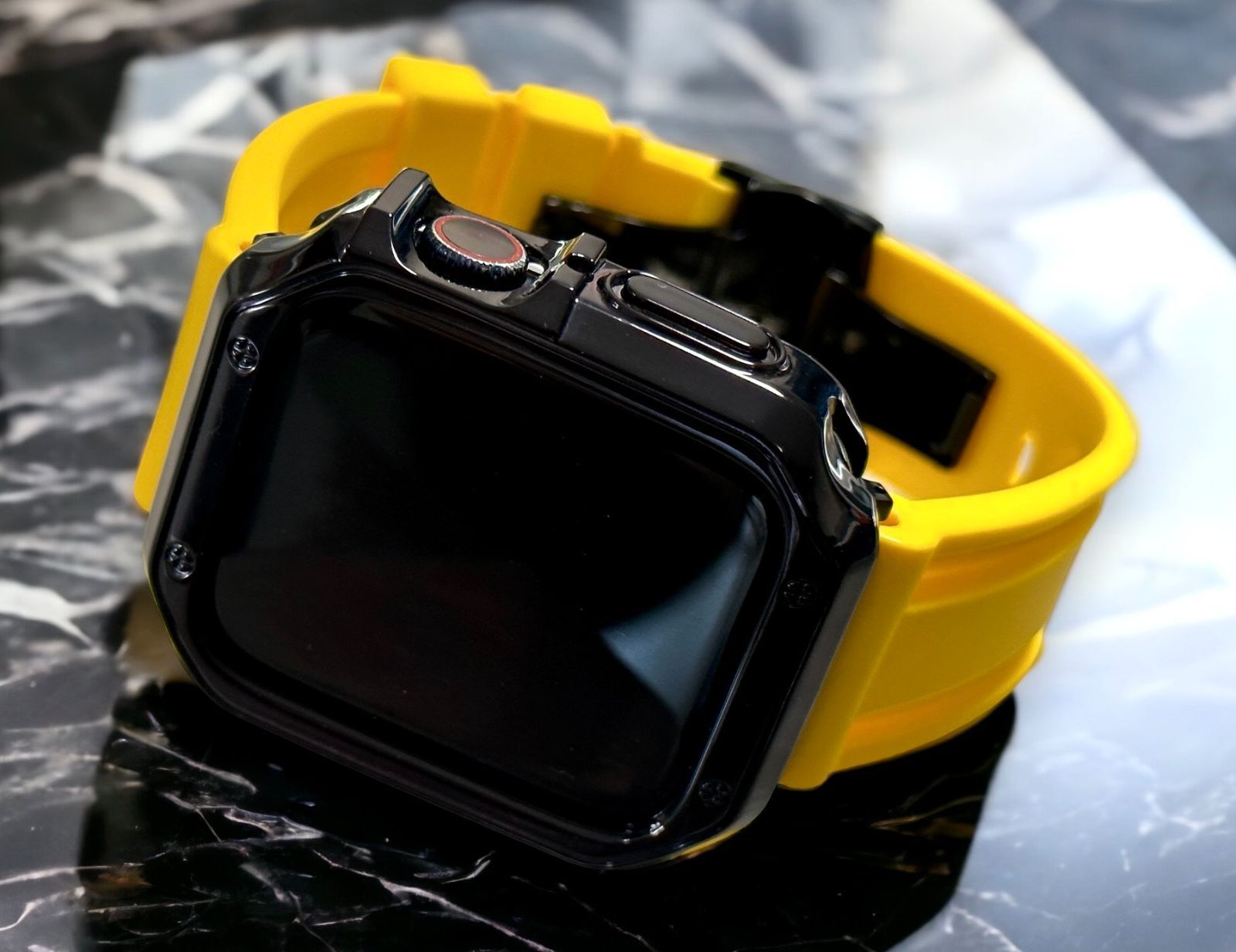 ブラック-イエロー アップルウォッチ ラバーベルト カバー ケース メンズ レディース 38mm 40mm 41mm 42mm 44mm 45mm メンズ レディース Apple Watch スポーツバンド