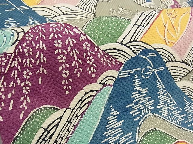 平和屋本店□超希少 型絵染染色家 鈴木紀絵 九寸名古屋帯 紬地 花鳥文