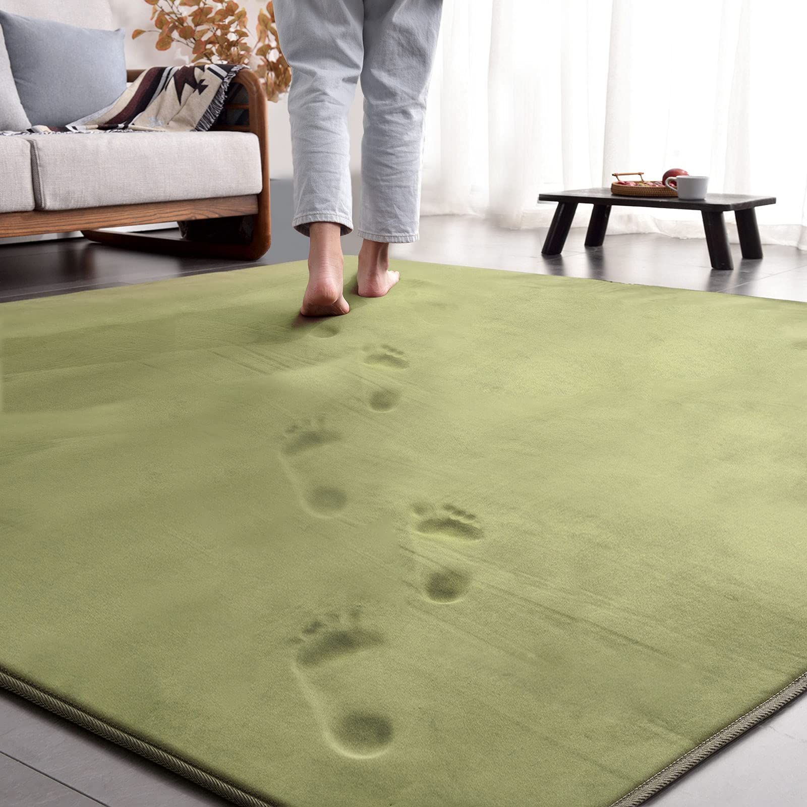 ラグマット 低反発 1.5畳 130x185cm 厚手15mm 防音 洗える カーペット 滑り止め付 床暖房 ホットカーペット対応 防ダニ 抗菌 撥水加工 ラグ ふわっと手触り フランネル じゅうたん グリーン AICOMRI