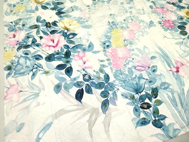 着物リメイク　訪問着　作家物　紬地　手描き　枝花文　落款あり　正絹から作務衣 着物リメイク 訪問着 作家物 紬地 手描き 枝花文 落款あり 正絹