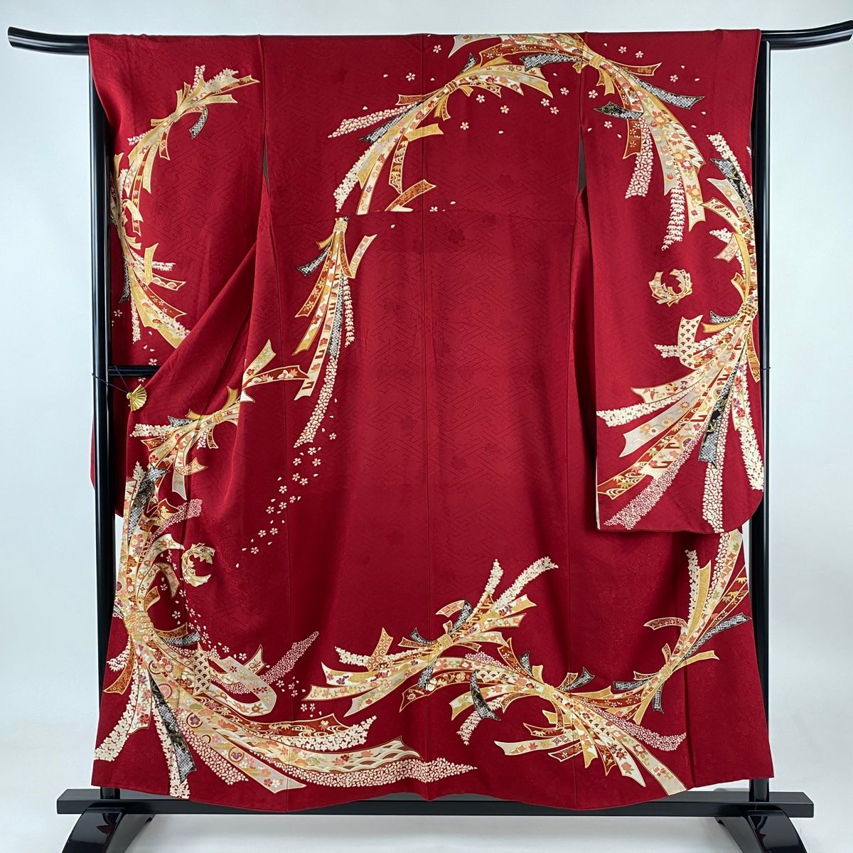 振袖 身丈155.5cm 裄丈66cm M 袷 束熨斗 草花 金糸 金彩 赤 正絹
