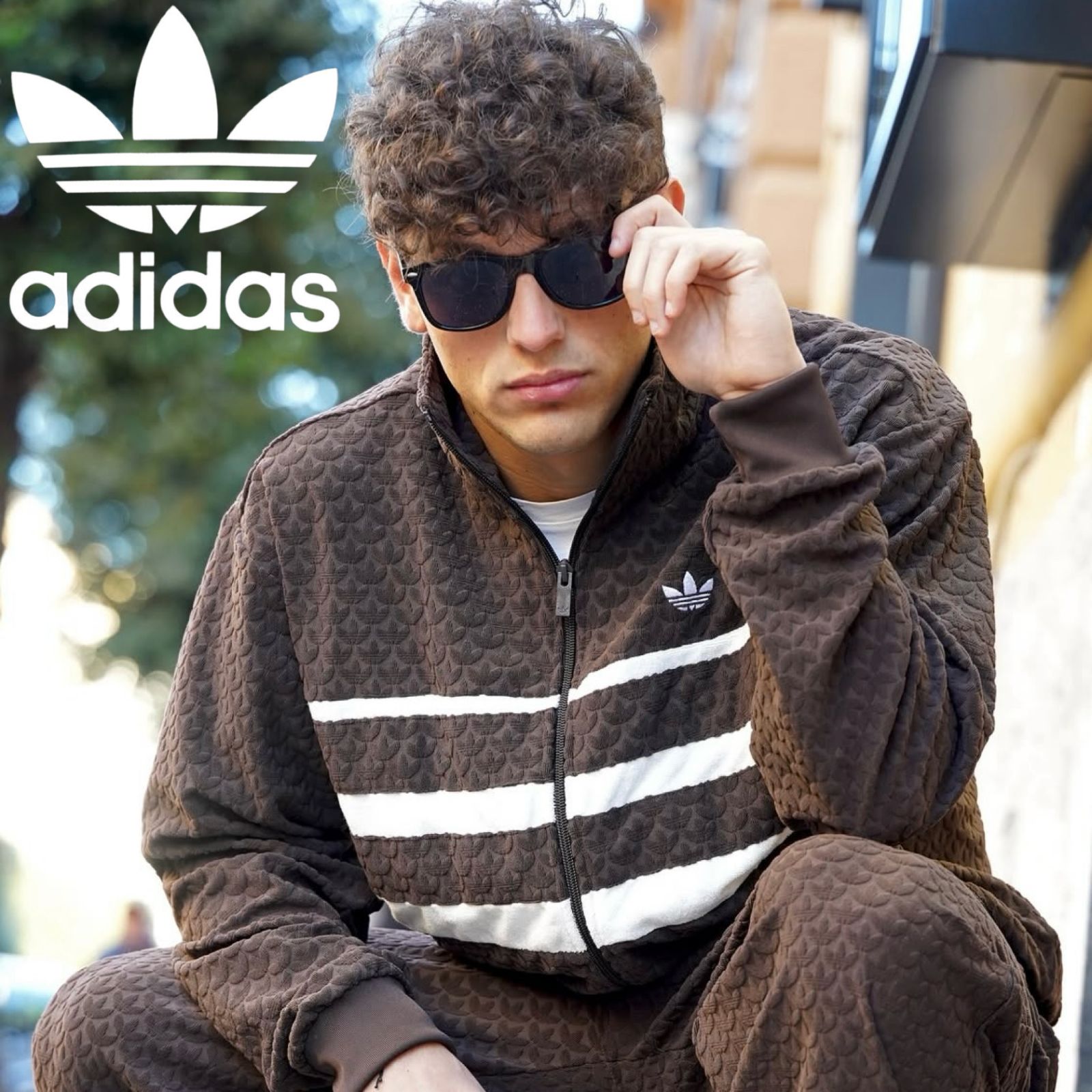 新品 M adidas ダークブラウン モノグラム トラックジャケット 刺繍ロゴ 新品M⭐️adidas ダークブラウン モノグラムトラックジャケット