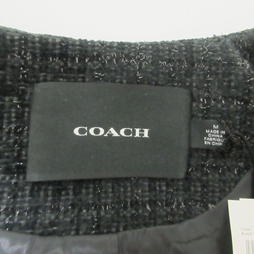 美品 COACH コーチ ツイード ノーカラー ジャケット CO841 M ブラック