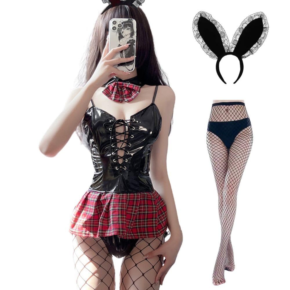セクシーエナメルバニーガールJK制服コスプレ衣装ミニスカステージ服ハロウイン大人 セクシーエナメルバニーガールJK制服コスプレ衣装ミニスカ