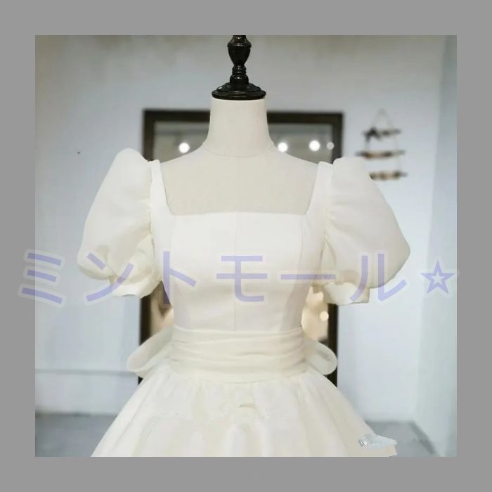ウェディングドレス ロングドレス Aラインドレス パフスリーブ オーガンジー 半袖 可愛い 二次会 結婚式 前撮り ブライダル 花嫁 ウエディ