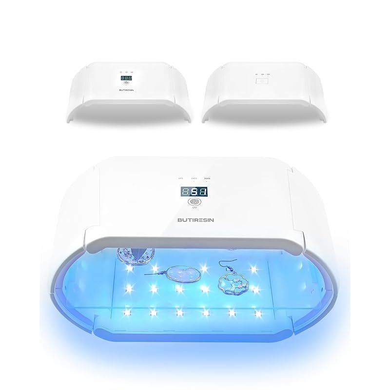 BUTIRESIN UVライト アドバンス 2 in 1 両面長時間設定 (60 秒、180 秒、300 秒) 48 個の LED 48W 付き UV 樹脂ライト 360 度サラウンド光源 樹脂硬化用大型 UV ランプ DIY クラフト装飾 ジュエリー作り