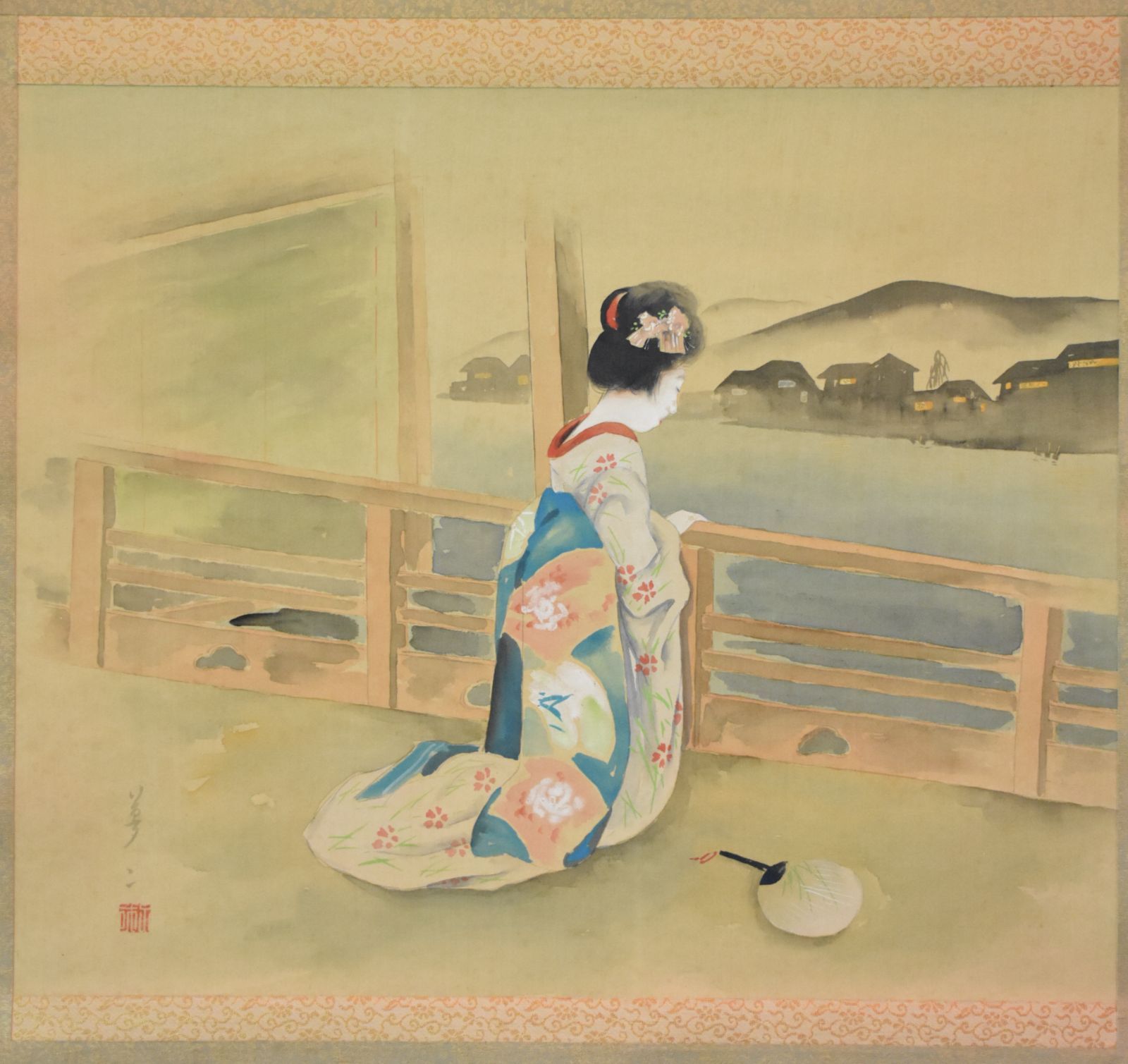真作 竹久夢二 掛軸 おんな 箱書きあり 肉筆画 横物 明治 大正 美人画 人物画 日本画 着物を着た女性像