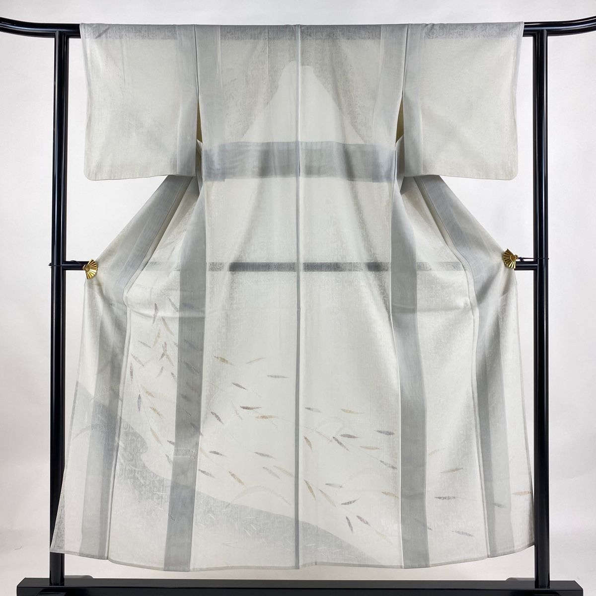 付下げ 身丈152cm 裄丈60.5cm S 紗袷 葉柄 流水 銀彩 青灰色 正絹 名品