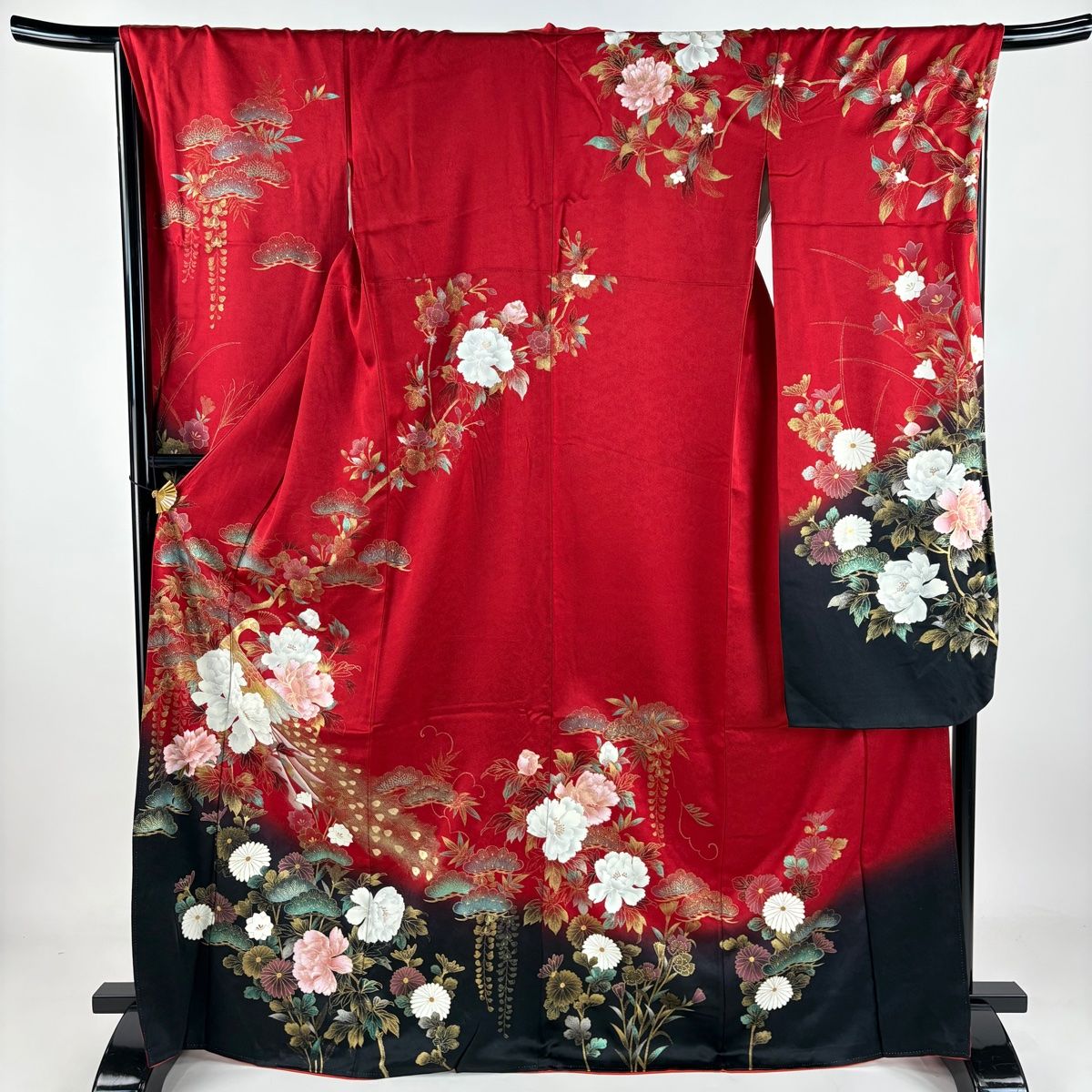 振袖 身丈169cm 裄丈68cm L 袷 孔雀 牡丹 金銀彩 染め分け 赤 正絹 秀品
