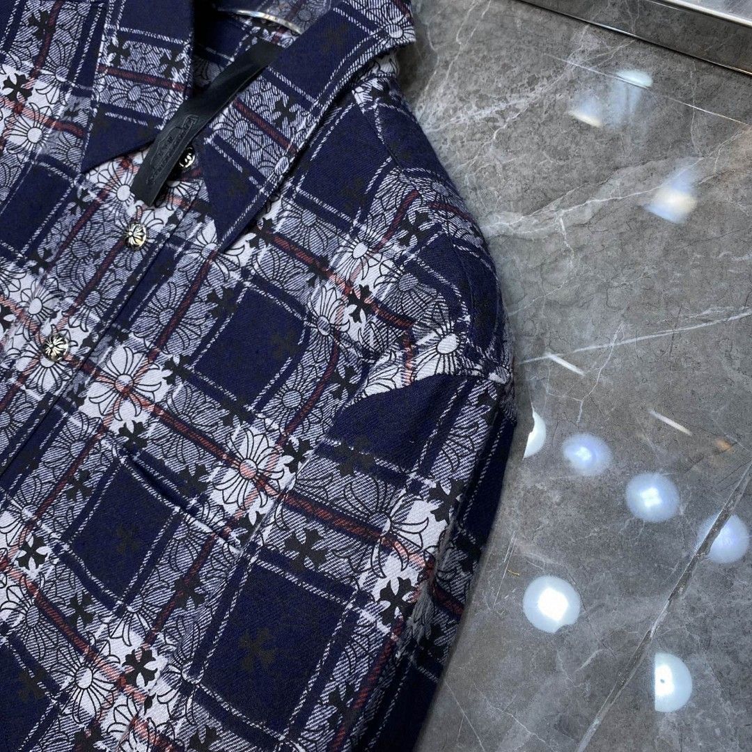 Chrome Hearts メンズ シャツ フルクロス 刺繍 ダークブルー|レッド S-XL | ♥品