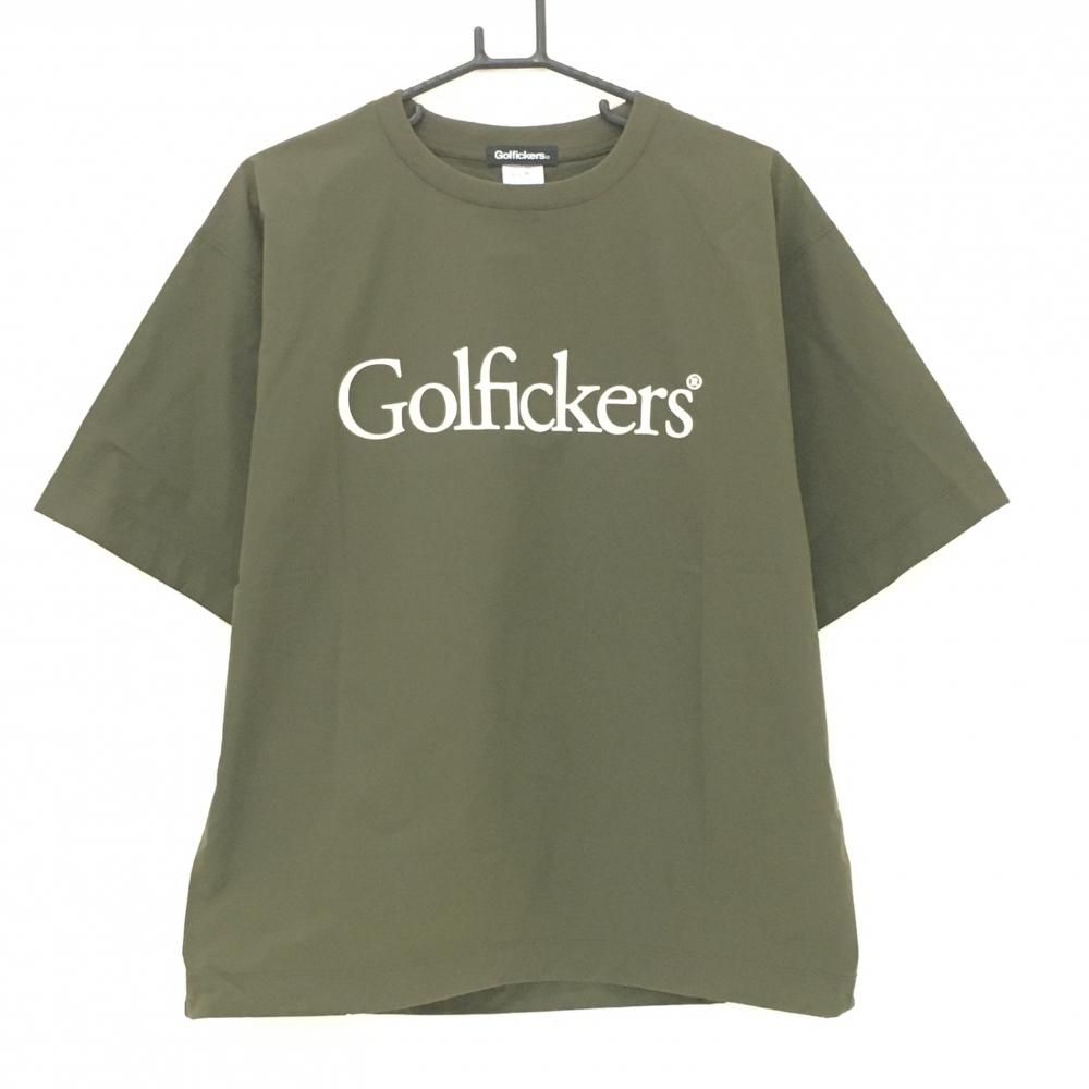 ゴルフィッカーズ Tシャツ カーキ×白 ロゴプリント 裾ドローコード メンズ M ゴルフウェア Golfickers