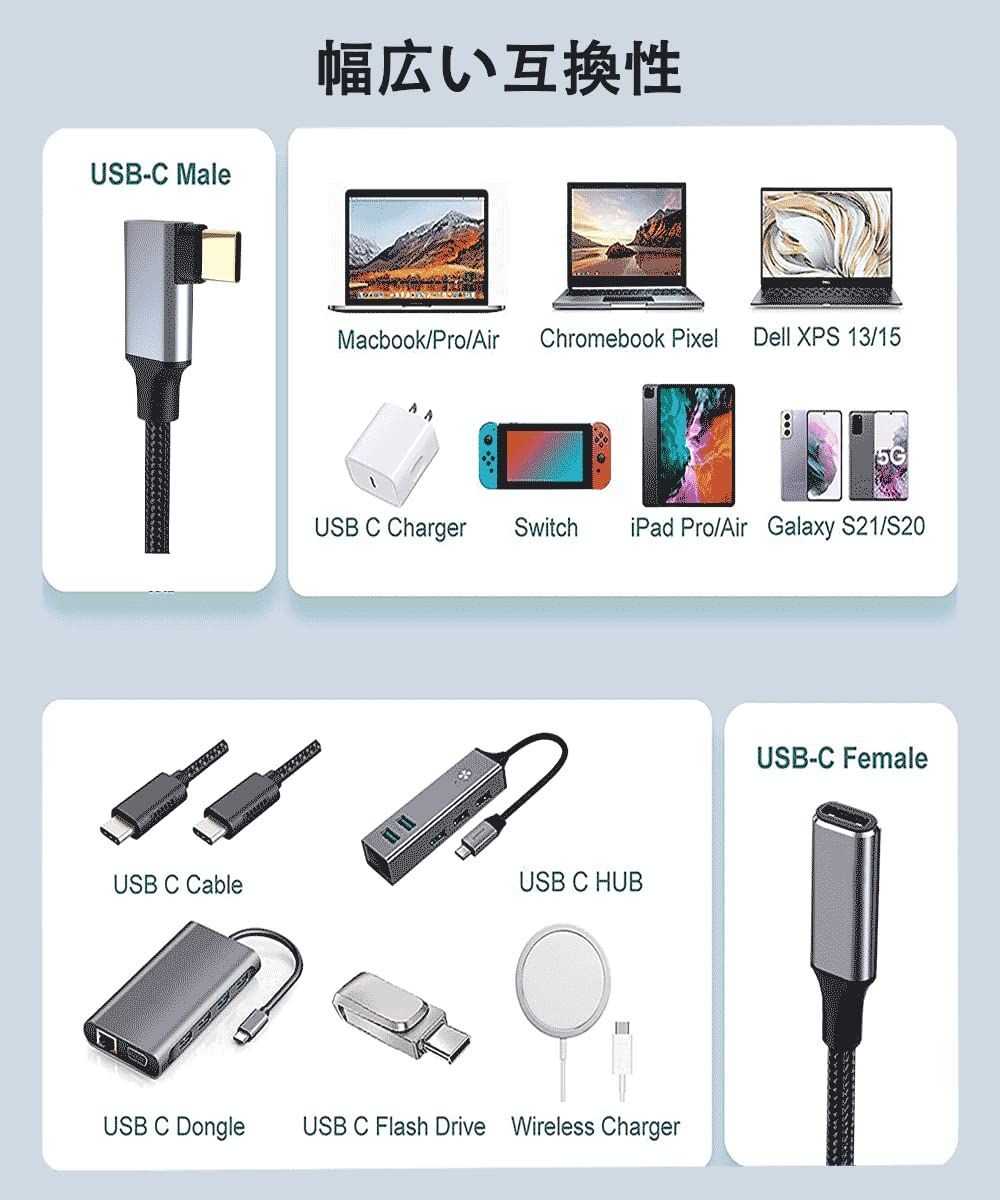 選択 USB Type C 延長ケーブル 100W 5A PD対応 急速充電 3.1 Gen2 10Gbps データ転送 4K 60Hz 映像出力  充電ケーブル 延長コード ナイロン編み