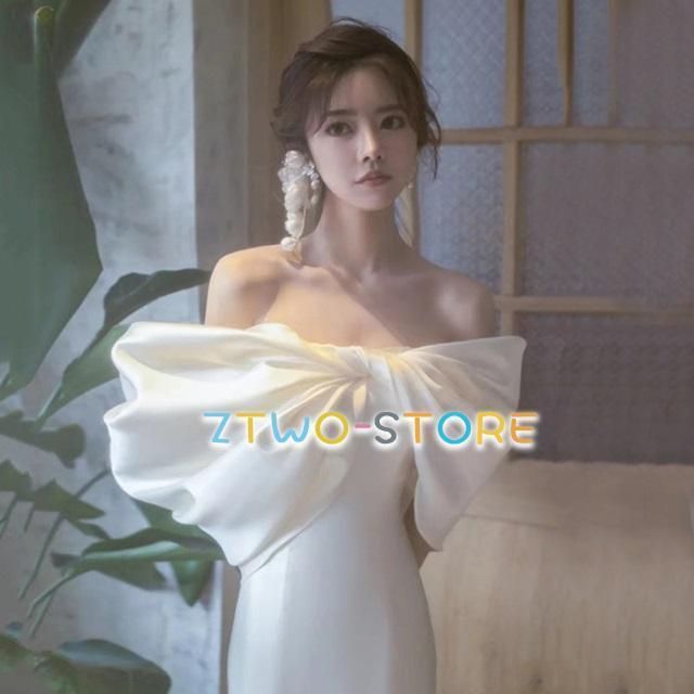 ウェディングドレス マーメイド オフショルダー ウェディングドレス 大きいサイズ 3L ウェディングドレス 二次会 袖あり シンプル リボン