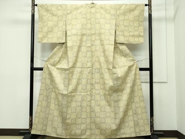 平和屋本店□極上 本場結城紬 重要無形文化財 単衣 160亀甲 市松花丸文  